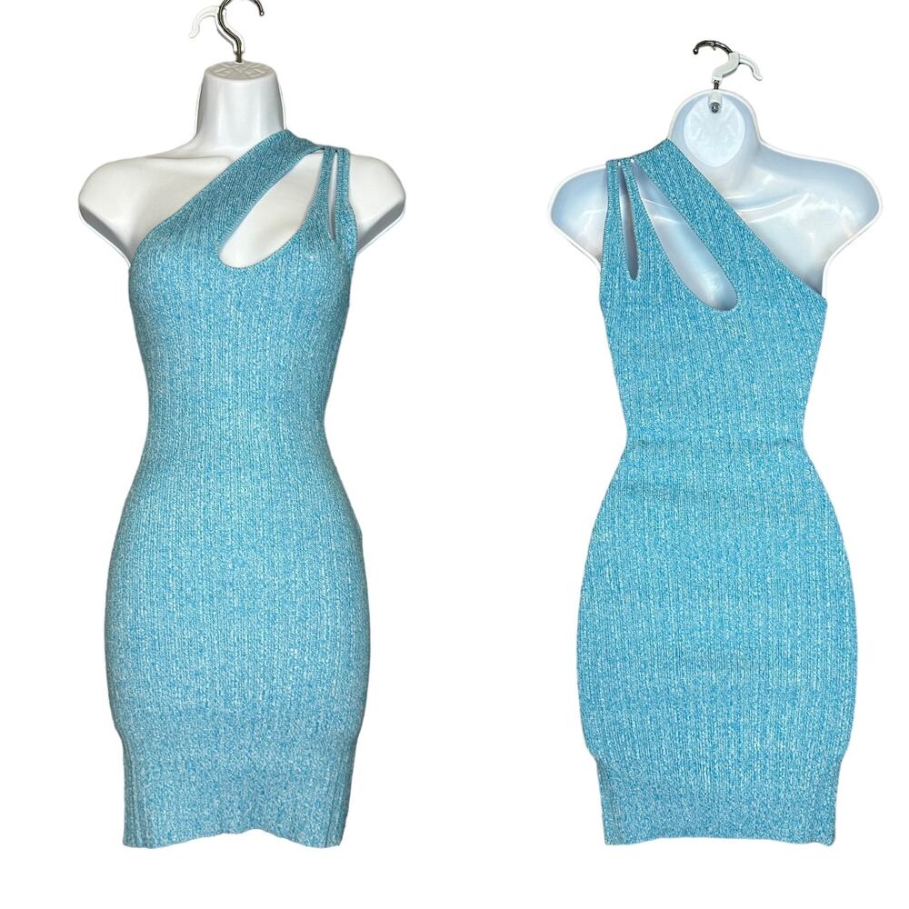 NBD Blue One Shoulder Mini Dress SMALL Knit Bodycon Cut Out Revolve $188 NEW - Picture 4 of 8